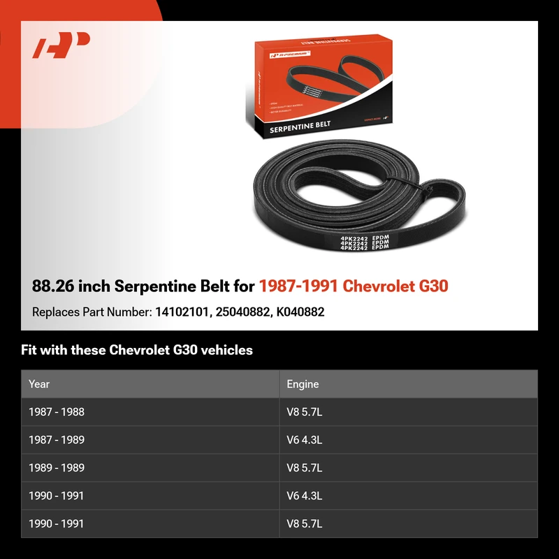 88.26 inch Serpentine Belt for 1987-1991 Chevrolet G30