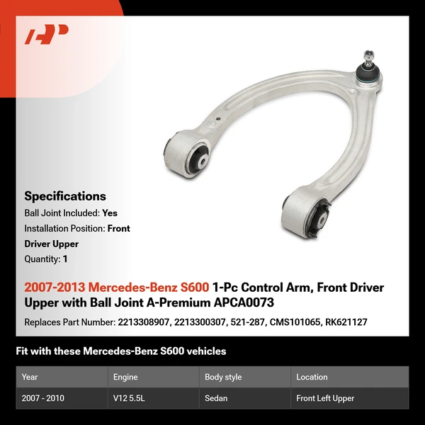 2007-2013 Mercedes-Benz S600 1-Pc Control Arm, Front Driver Upper with Ball Joint A-Premium APCA0073