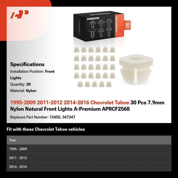 1995-2009 2011-2012 2014-2016 Chevrolet Tahoe 30 Pcs 7.9mm Nylon Natural Front Lights A-Premium APRCF2568