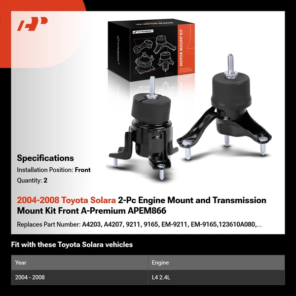 2004-2008 Toyota Solara 2-Pc Engine Mount and Transmission Mount Kit Front A-Premium APEM866