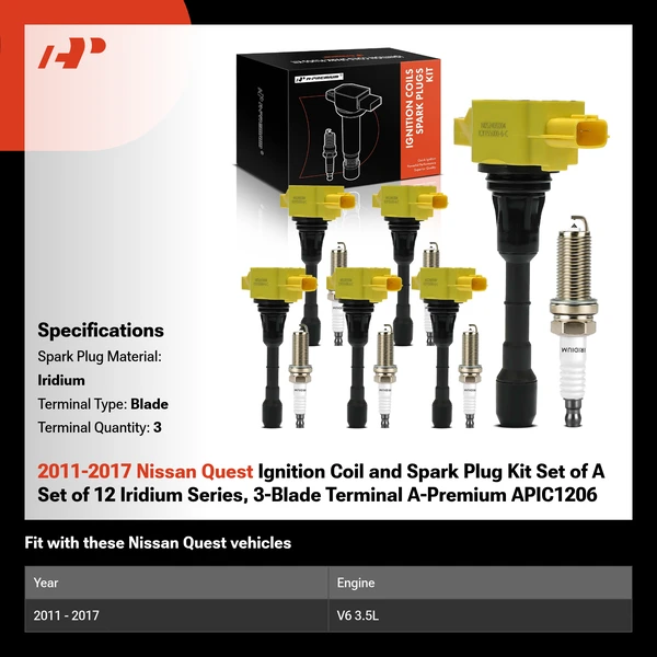 2011-2017 Nissan Quest Ignition Coil and Spark Plug Kit Set of A Set of 12 Iridium Series, 3-Blade Terminal A-Premium APIC1206