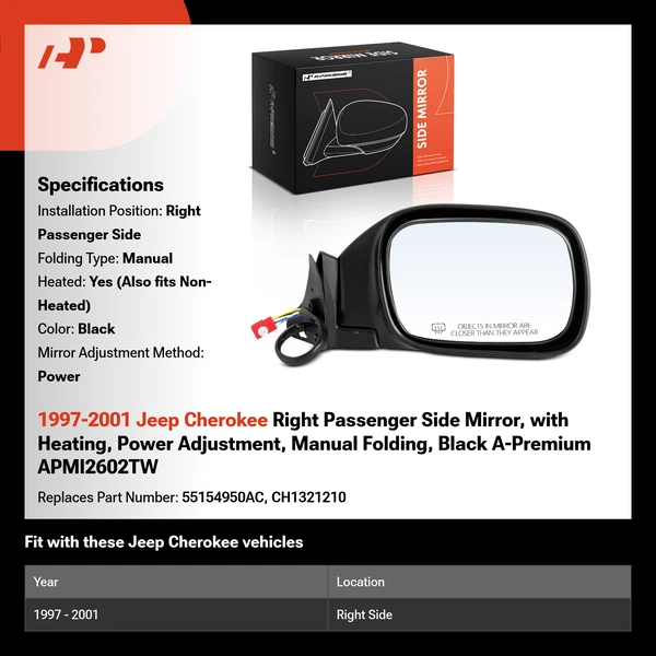 1997-2001 Jeep Cherokee Right Passenger Side Mirror, with Heating, Power Adjustment, Manual Folding, Black A-Premium APMI2602TW