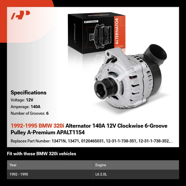 1992-1995 BMW 320i Alternator 140A 12V Clockwise 6-Groove Pulley A-Premium APALT1154