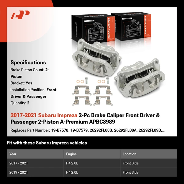 2017-2021 Subaru Impreza 2-Pc Brake Caliper Front Driver & Passenger 2-Piston A-Premium APBC3989