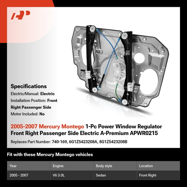 2005-2007 Mercury Montego 1-Pc Power Window Regulator Front Right Passenger Side Electric A-Premium APWR0215