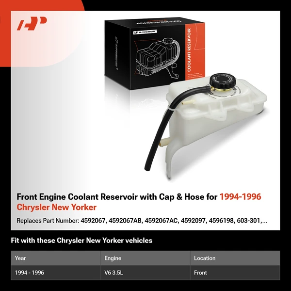 Front Engine Coolant Reservoir with Cap & Hose for 1994-1996 Chrysler New Yorker