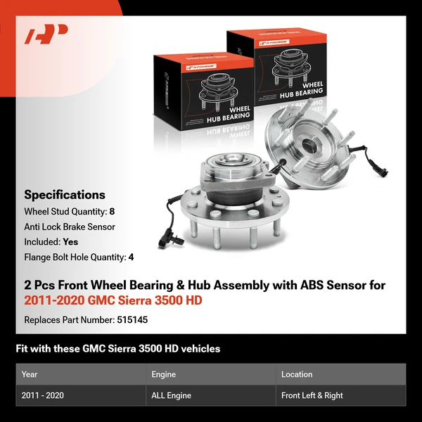 2 Pcs Front Wheel Bearing & Hub Assembly with ABS Sensor for 2011-2020 GMC Sierra 3500 HD