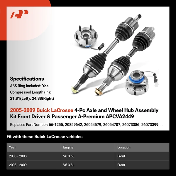 2005-2009 Buick LaCrosse 4-Pc Axle and Wheel Hub Assembly Kit Front Driver & Passenger A-Premium APCVA2449