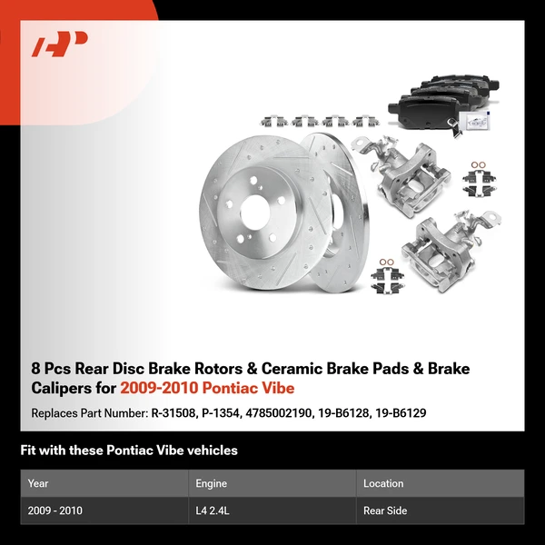 8 Pcs Rear Disc Brake Rotors & Ceramic Brake Pads & Brake Calipers for 2009-2010 Pontiac Vibe