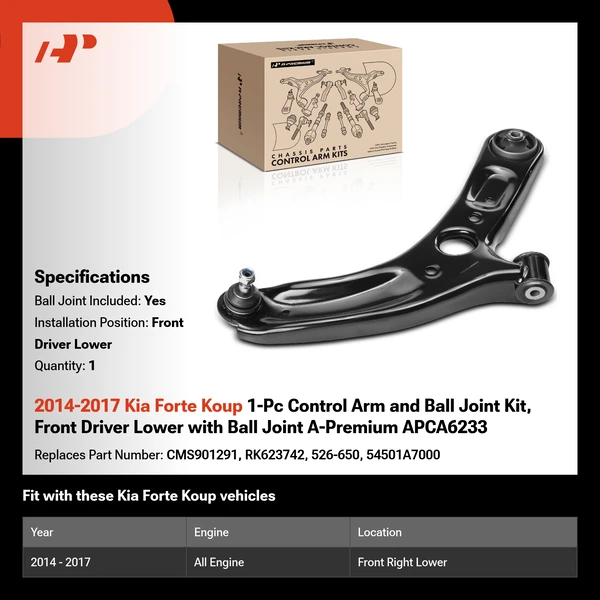 2014-2017 Kia Forte Koup 1-Pc Control Arm and Ball Joint Kit, Front Driver Lower with Ball Joint A-Premium APCA6233