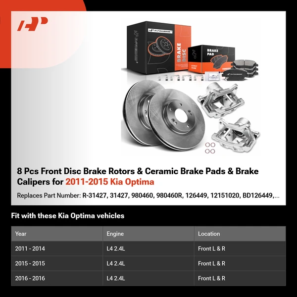 8 Pcs Front Disc Brake Rotors & Ceramic Brake Pads & Brake Calipers for 2011-2015 Kia Optima