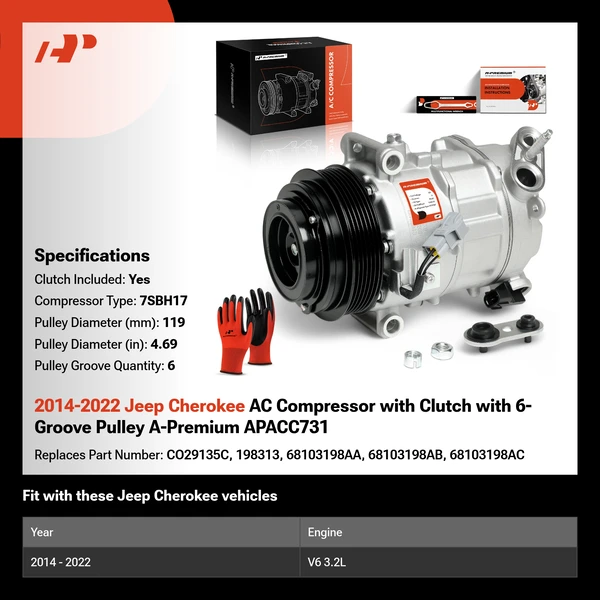 2014-2022 Jeep Cherokee AC Compressor with Clutch with 6-Groove Pulley A-Premium APACC731