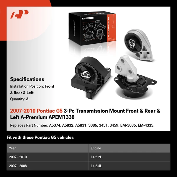 2007-2010 Pontiac G5 3-Pc Transmission Mount Front & Rear & Left A-Premium APEM1338