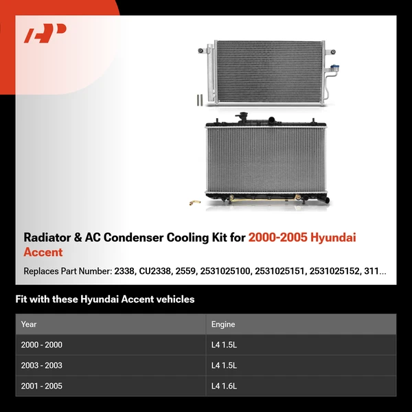 Radiator & AC Condenser Cooling Kit for 2000-2005 Hyundai Accent