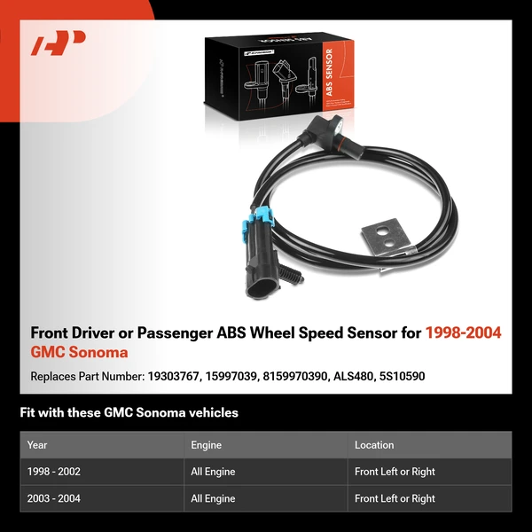 Front Driver or Passenger ABS Wheel Speed Sensor for 1998-2004 GMC Sonoma