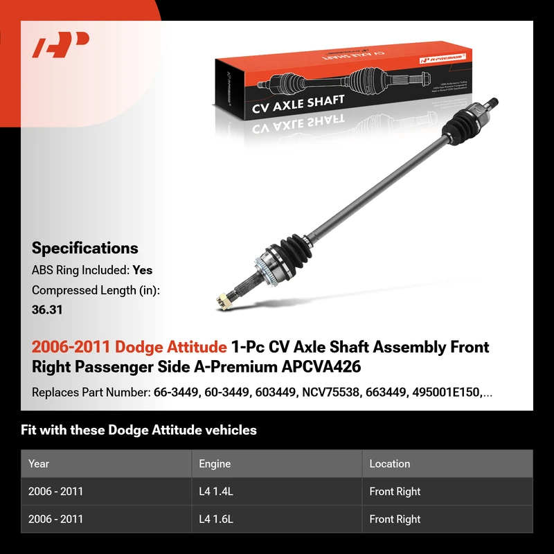 2006-2011 Dodge Attitude 1-Pc CV Axle Shaft Assembly Front Right Passenger Side A-Premium APCVA426