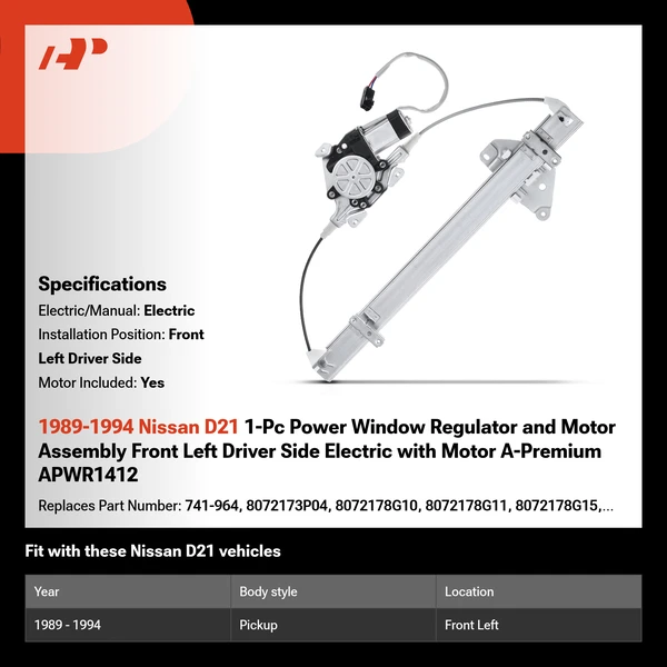 1989-1994 Nissan D21 1-Pc Power Window Regulator and Motor Assembly Front Left Driver Side Electric with Motor A-Premium APWR1412