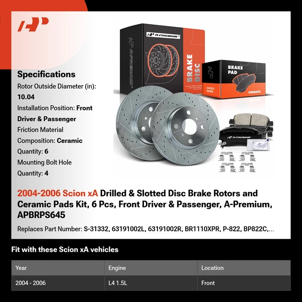 2004-2006 Scion xA Drilled & Slotted Disc Brake Rotors and Ceramic Pads Kit, 6 Pcs, Front Driver & Passenger, A-Premium, APBRPS645