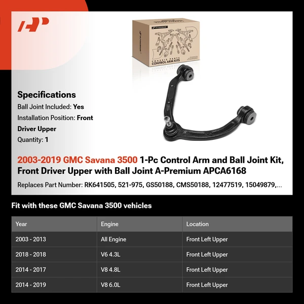 2003-2019 GMC Savana 3500 1-Pc Control Arm and Ball Joint Kit, Front Driver Upper with Ball Joint A-Premium APCA6168