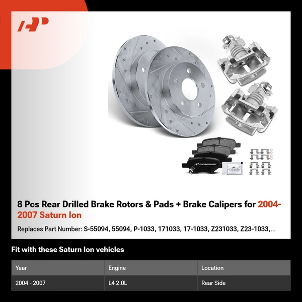 8 Pcs Rear Drilled Brake Rotors & Pads + Brake Calipers for 2004-2007 Saturn Ion
