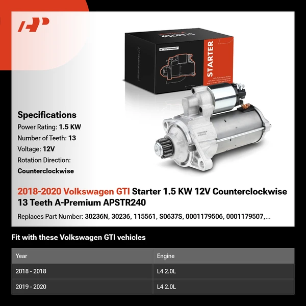 2018-2020 Volkswagen GTI Starter 1.5 KW 12V Counterclockwise 13 Teeth A-Premium APSTR240