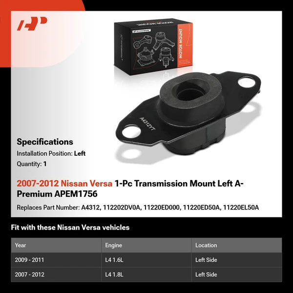 2007-2012 Nissan Versa 1-Pc Transmission Mount Left A-Premium APEM1756