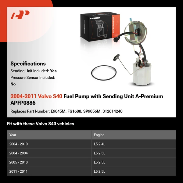 2004-2011 Volvo S40 Fuel Pump with Sending Unit A-Premium APFP0886