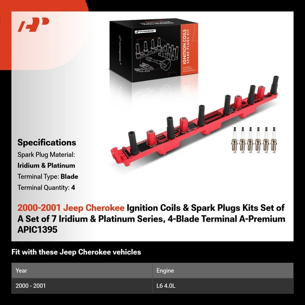 2000-2001 Jeep Cherokee Ignition Coils & Spark Plugs Kits Set of A Set of 7 Iridium & Platinum Series, 4-Blade Terminal A-Premium APIC1395