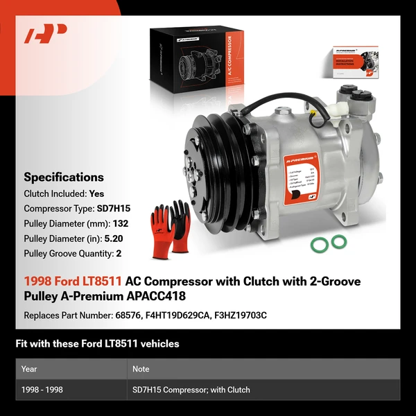1998 Ford LT8511 AC Compressor with Clutch with 2-Groove Pulley A-Premium APACC418
