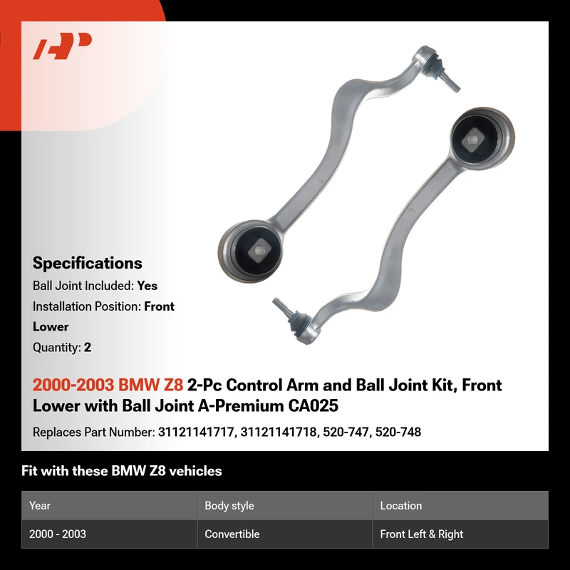 2000-2003 BMW Z8 2-Pc Control Arm and Ball Joint Kit, Front Lower with Ball Joint A-Premium CA025