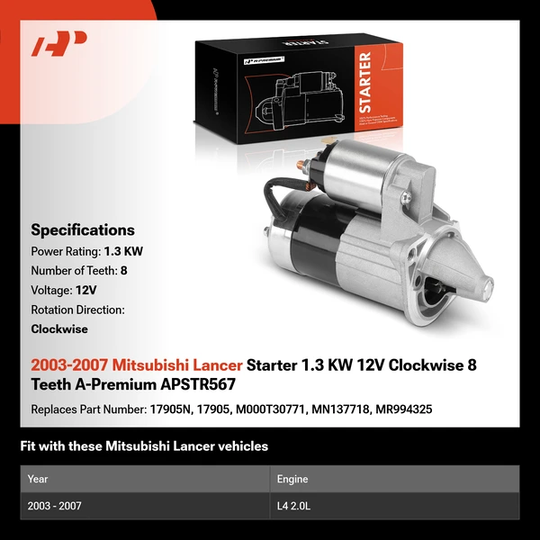 2003-2007 Mitsubishi Lancer Starter 1.3 KW 12V Clockwise 8 Teeth A-Premium APSTR567