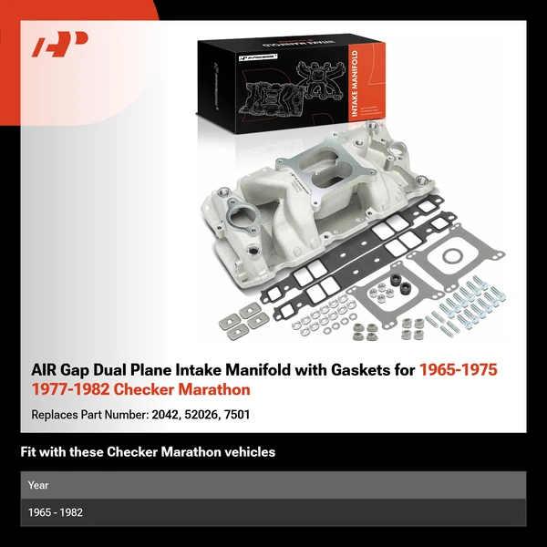 AIR Gap Dual Plane Intake Manifold with Gaskets for 1965-1975 1977-1982 Checker Marathon