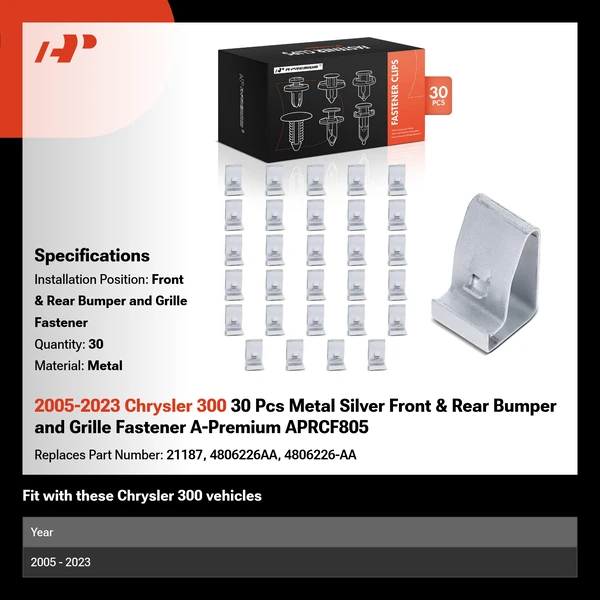 2005-2023 Chrysler 300 30 Pcs Metal Silver Front & Rear Bumper and Grille Fastener A-Premium APRCF805
