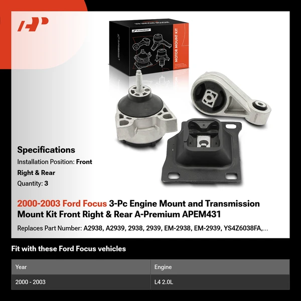 2000-2003 Ford Focus 3-Pc Engine Mount and Transmission Mount Kit Front Right & Rear A-Premium APEM431