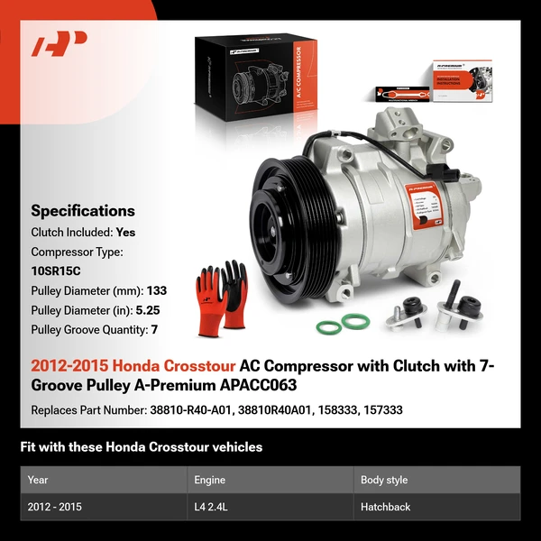 2012-2015 Honda Crosstour AC Compressor with Clutch with 7-Groove Pulley A-Premium APACC063