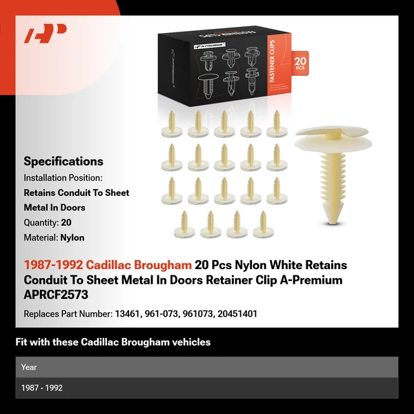 1987-1992 Cadillac Brougham 20 Pcs Nylon White Retains Conduit To Sheet Metal In Doors Retainer Clip A-Premium APRCF2573