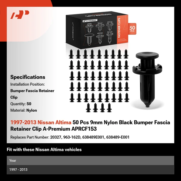 1997-2013 Nissan Altima 50 Pcs 9mm Nylon Black Bumper Fascia Retainer Clip A-Premium APRCF153