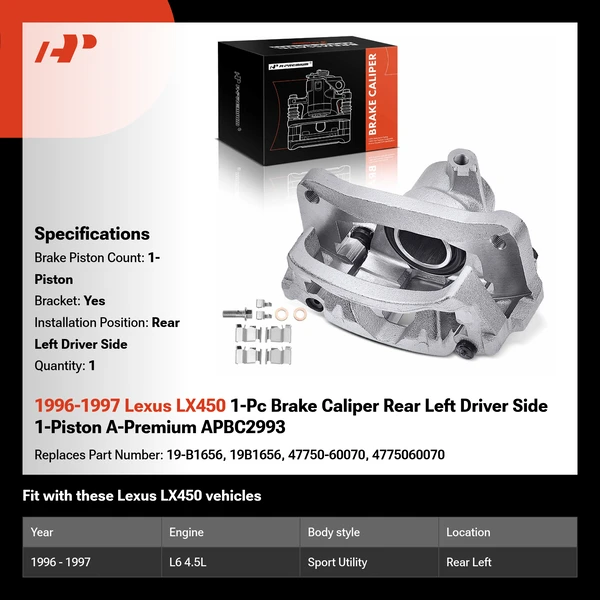 1996-1997 Lexus LX450 1-Pc Brake Caliper Rear Left Driver Side 1-Piston A-Premium APBC2993