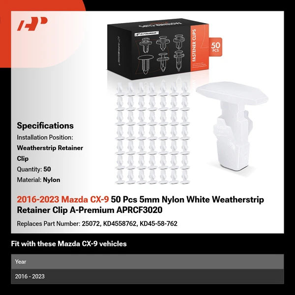 2016-2023 Mazda CX-9 50 Pcs 5mm Nylon White Weatherstrip Retainer Clip A-Premium APRCF3020
