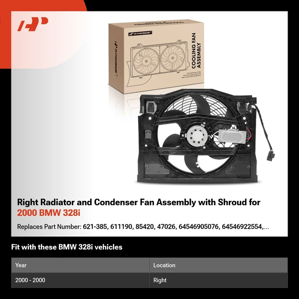 Right Radiator and Condenser Fan Assembly with Shroud for 2000 BMW 328i