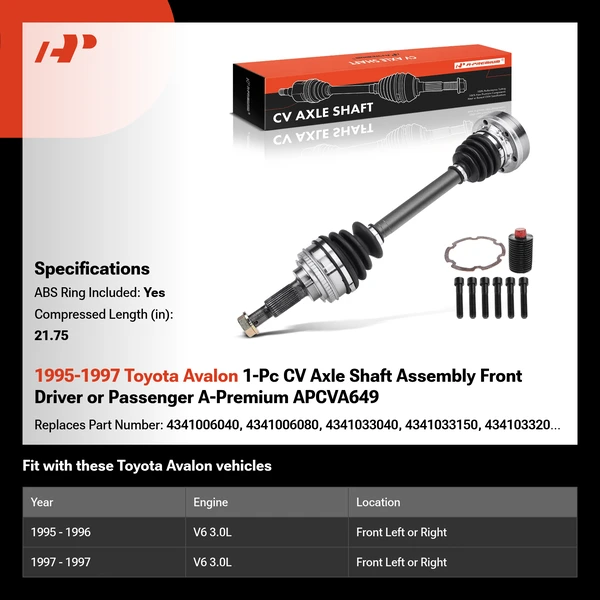 1995-1997 Toyota Avalon 1-Pc CV Axle Shaft Assembly Front Driver or Passenger A-Premium APCVA649