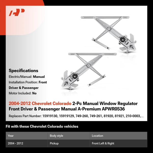 2004-2012 Chevrolet Colorado 2-Pc Manual Window Regulator Front Driver & Passenger Manual A-Premium APWR0536