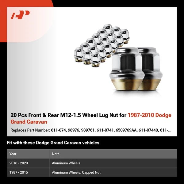 20 Pcs Front & Rear M12-1.5 Wheel Lug Nut for 1987-2010 Dodge Grand Caravan