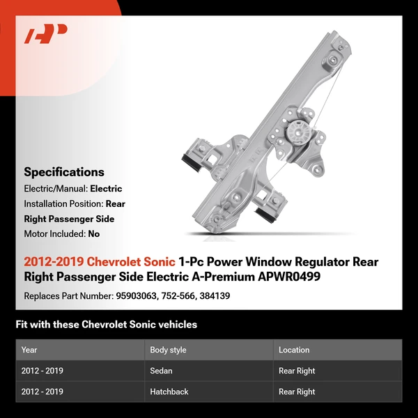 2012-2019 Chevrolet Sonic 1-Pc Power Window Regulator Rear Right Passenger Side Electric A-Premium APWR0499