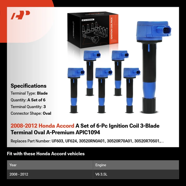 2008-2012 Honda Accord A Set of 6-Pc Ignition Coil 3-Blade Terminal Oval A-Premium APIC1094