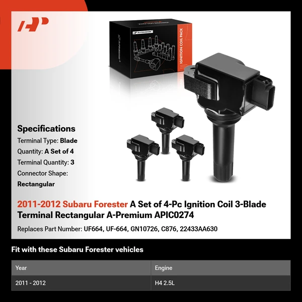 2011-2012 Subaru Forester A Set of 4-Pc Ignition Coil 3-Blade Terminal Rectangular A-Premium APIC0274