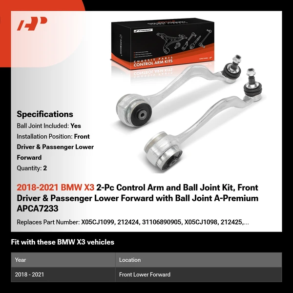 2018-2021 BMW X3 2-Pc Control Arm and Ball Joint Kit, Front Driver & Passenger Lower Forward with Ball Joint A-Premium APCA7233