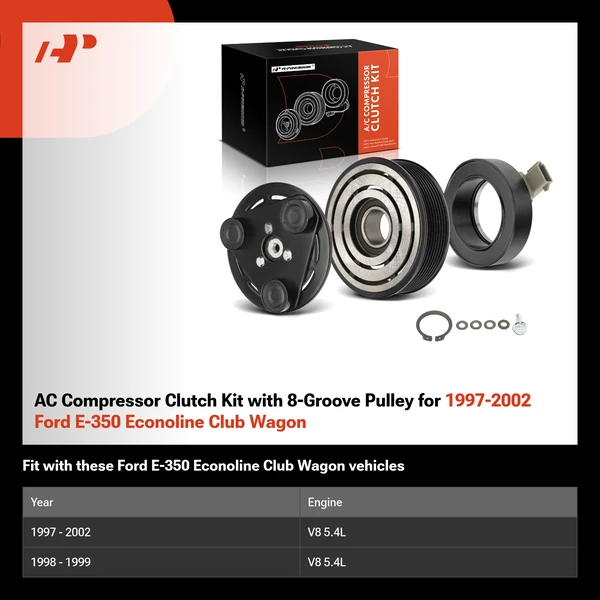 AC Compressor Clutch Kit with 8-Groove Pulley for 1997-2002 Ford E-350 Econoline Club Wagon