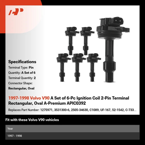 1997-1998 Volvo V90 A Set of 6-Pc Ignition Coil 2-Pin Terminal Rectangular, Oval A-Premium APIC0392