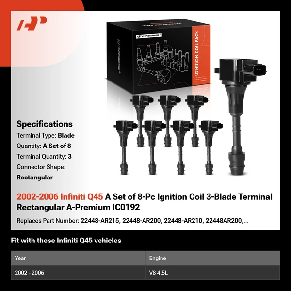 2002-2006 Infiniti Q45 A Set of 8-Pc Ignition Coil 3-Blade Terminal Rectangular A-Premium IC0192